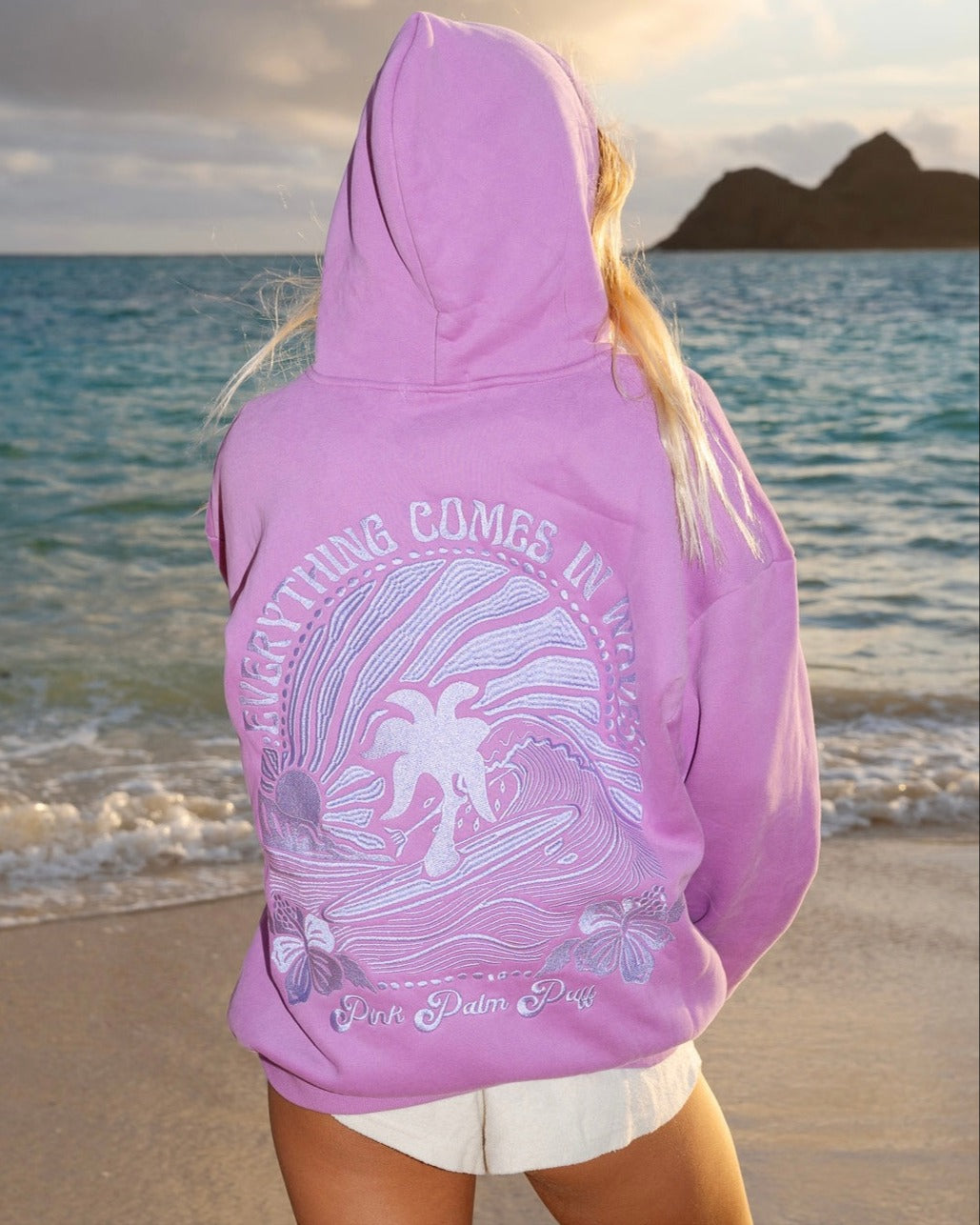 Pink Palm Puff Everything Comes In Waves Hoodie Açai