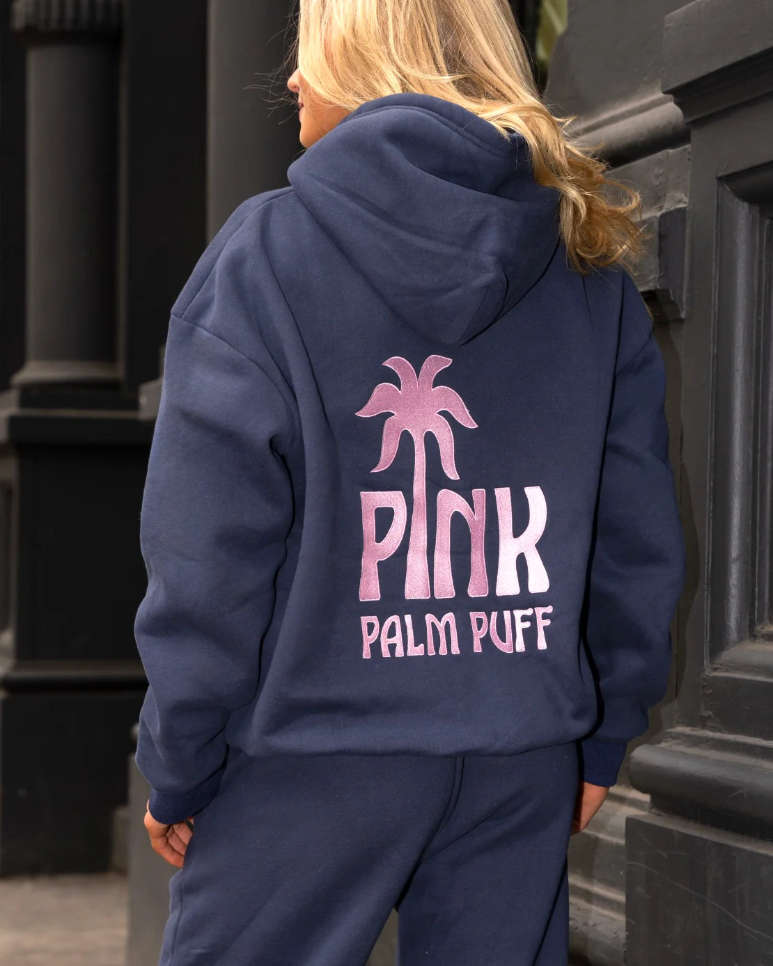 Pink Palm Classic Puff Hoodie in Navy