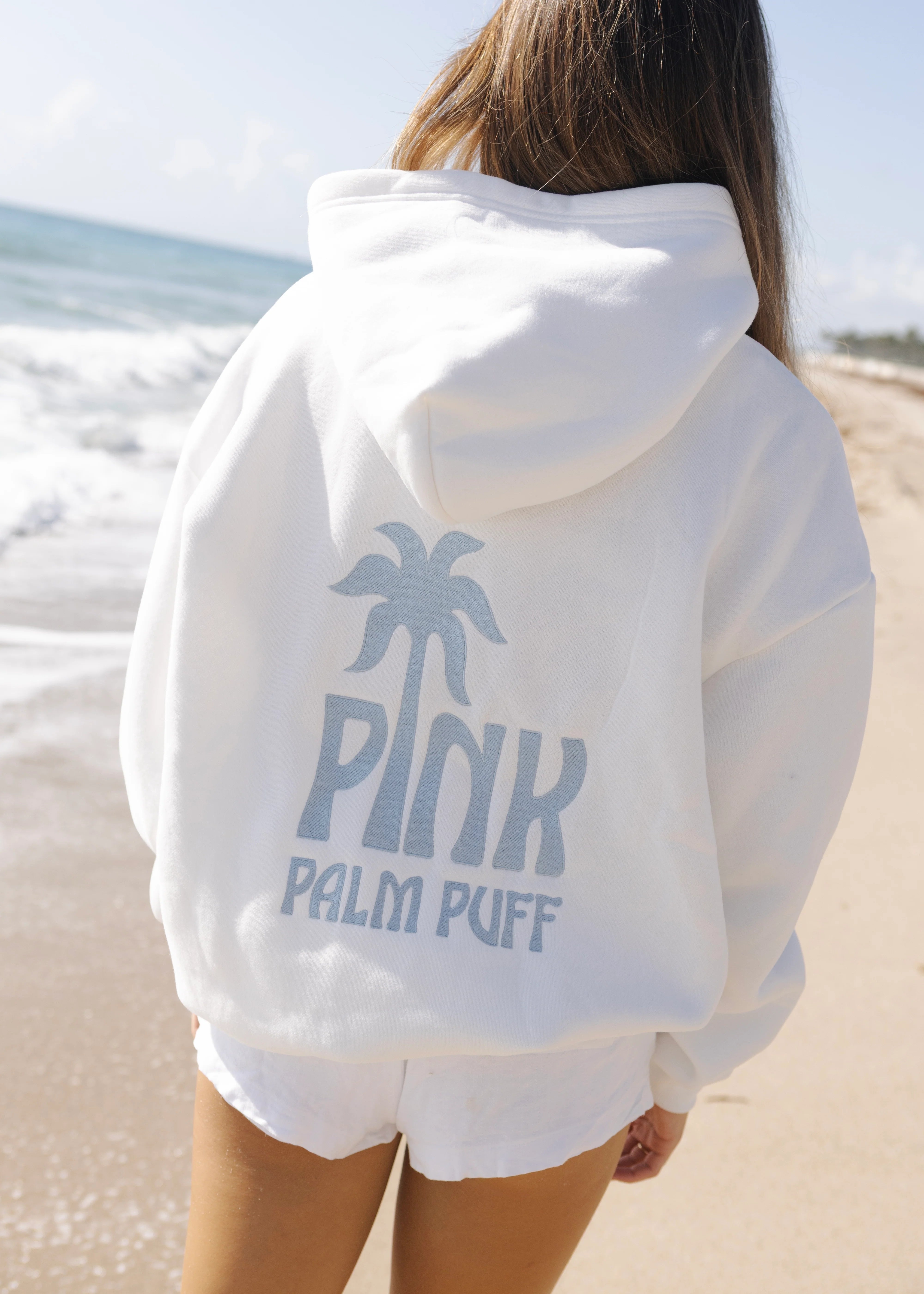 Pink Palm Classic Puff Hoodie in Ocean Air