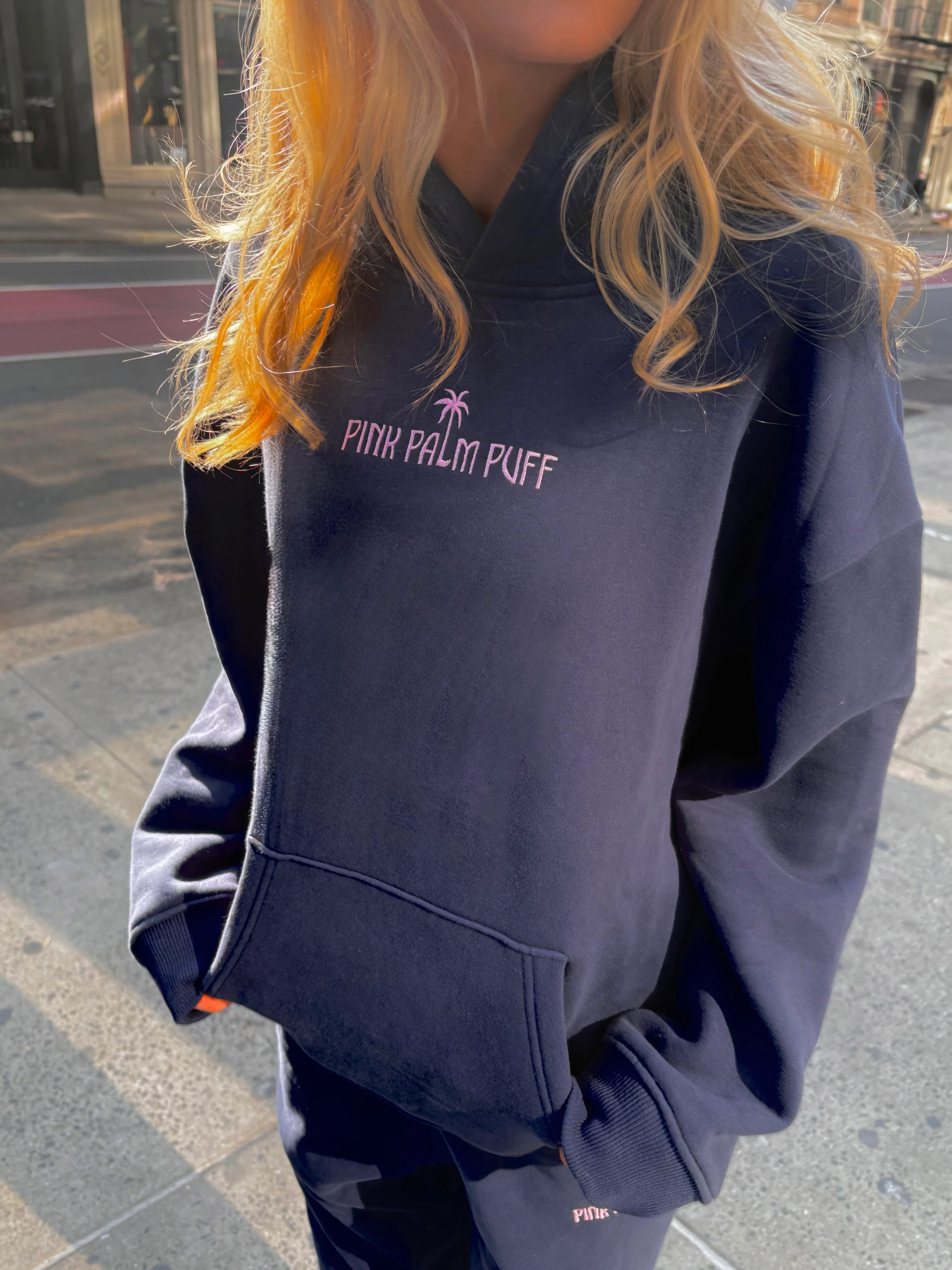 Pink Palm Classic Puff Hoodie in Navy
