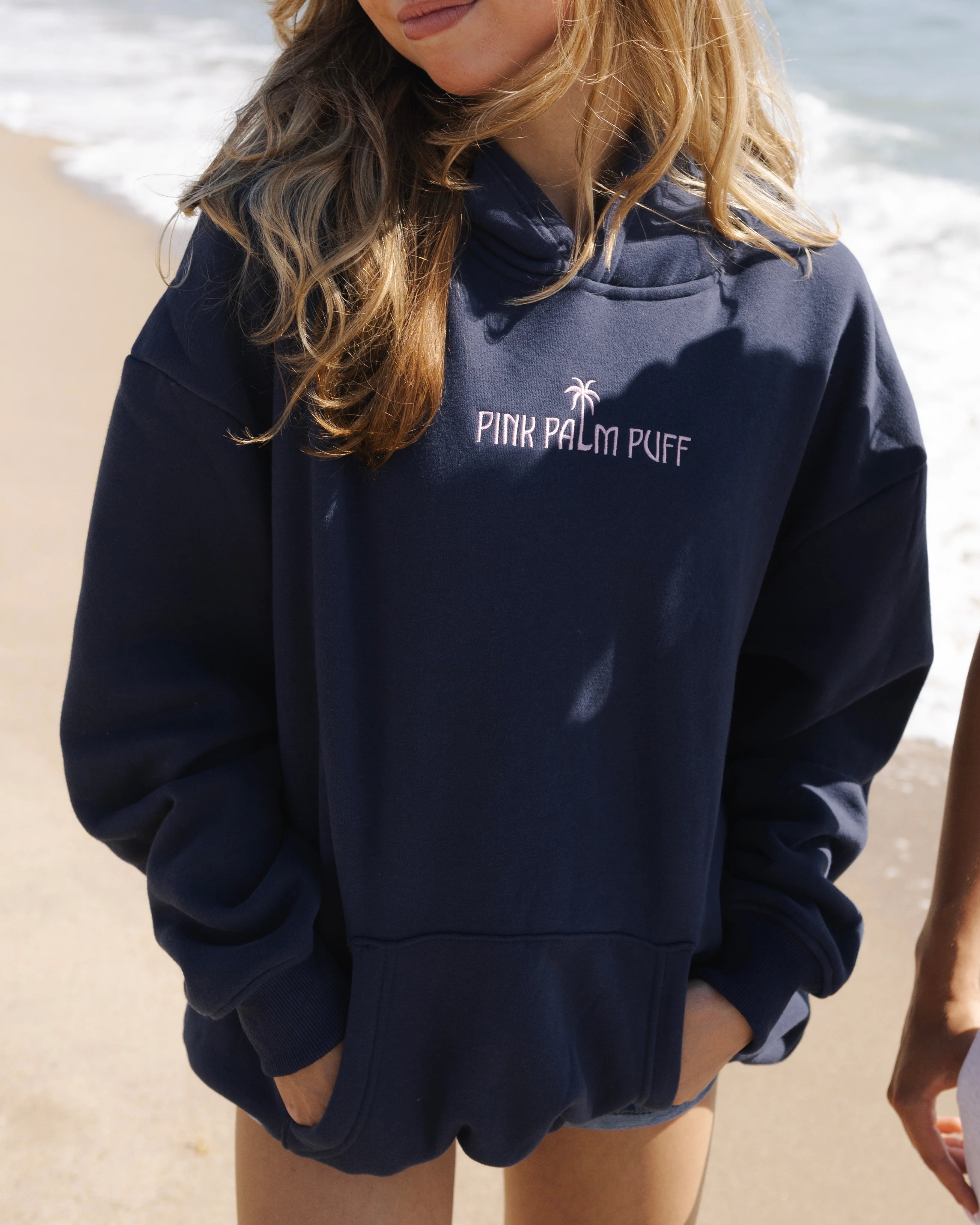 Pink Palm Classic Puff Hoodie in Navy