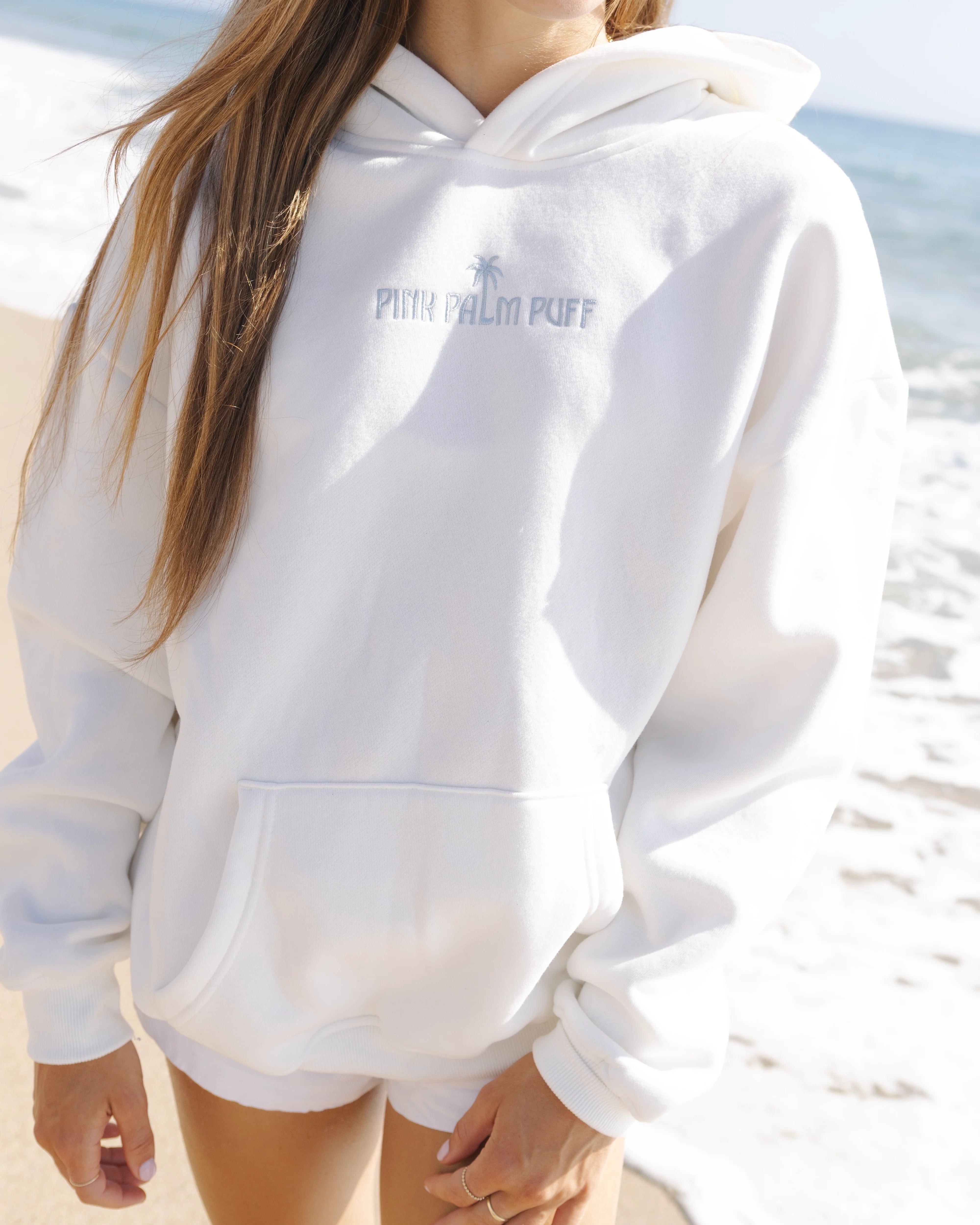 Pink Palm Classic Puff Hoodie in Ocean Air