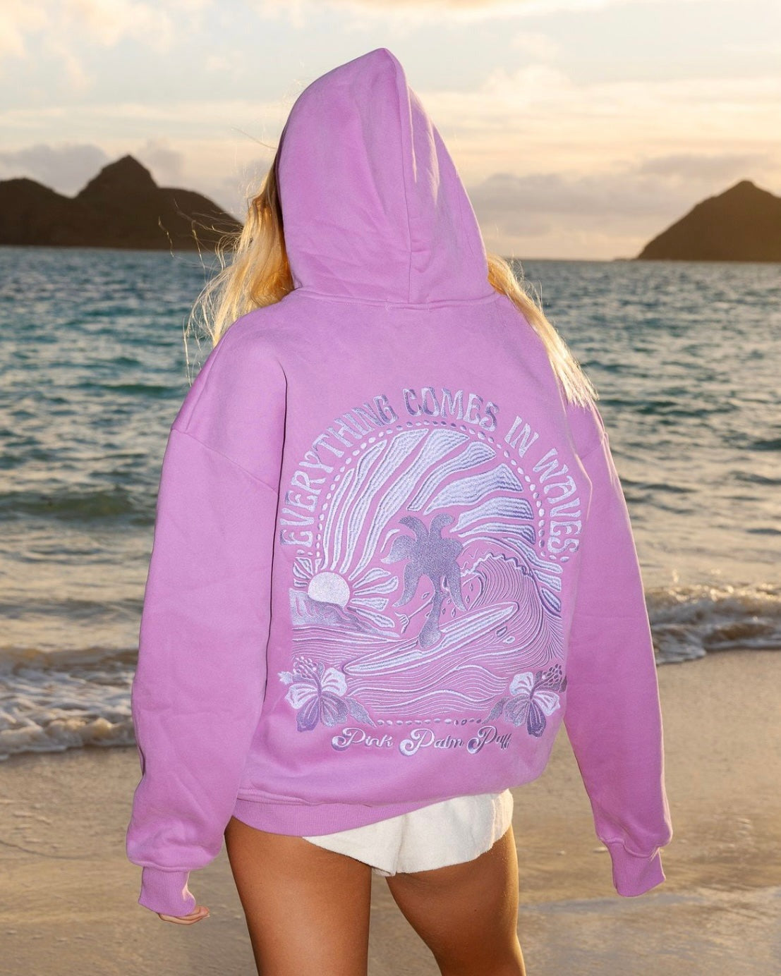 Pink Palm Puff Everything Comes In Waves Hoodie Açai