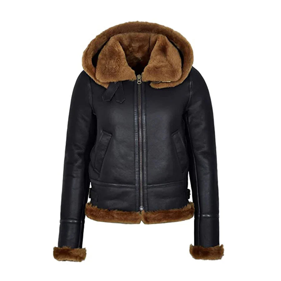 Womens Black Hooded B3 Flying Sheariling Jacket