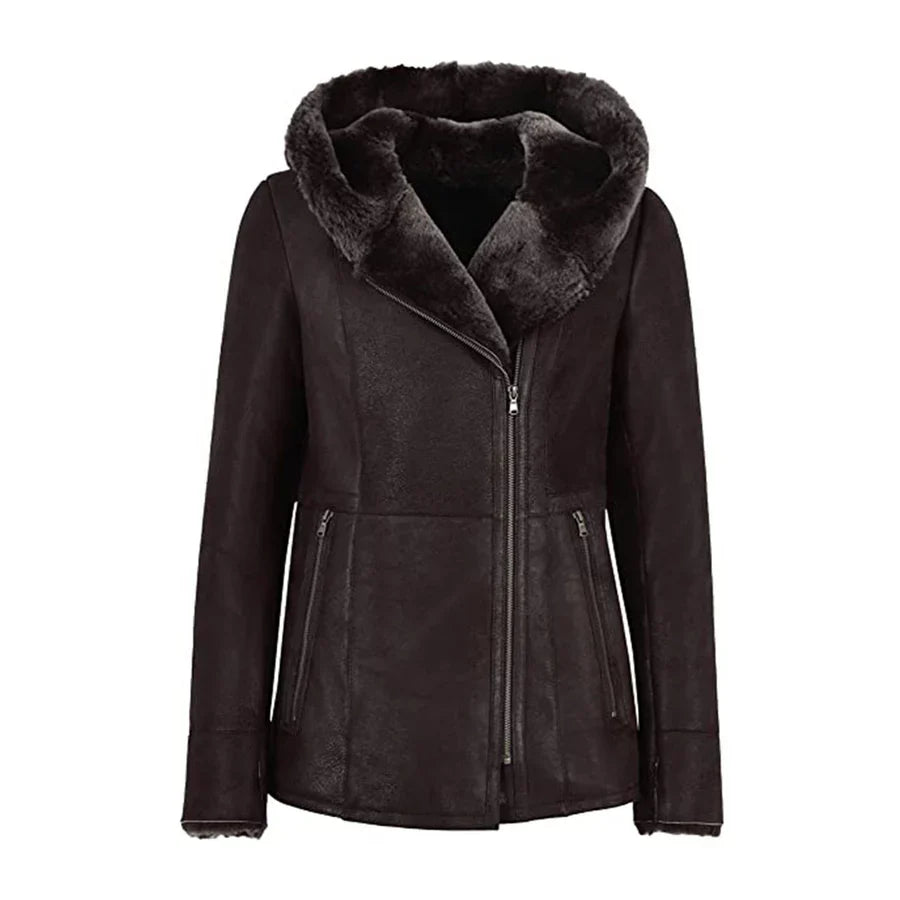 Womens Hooded Fur Shearling Long Jacket
