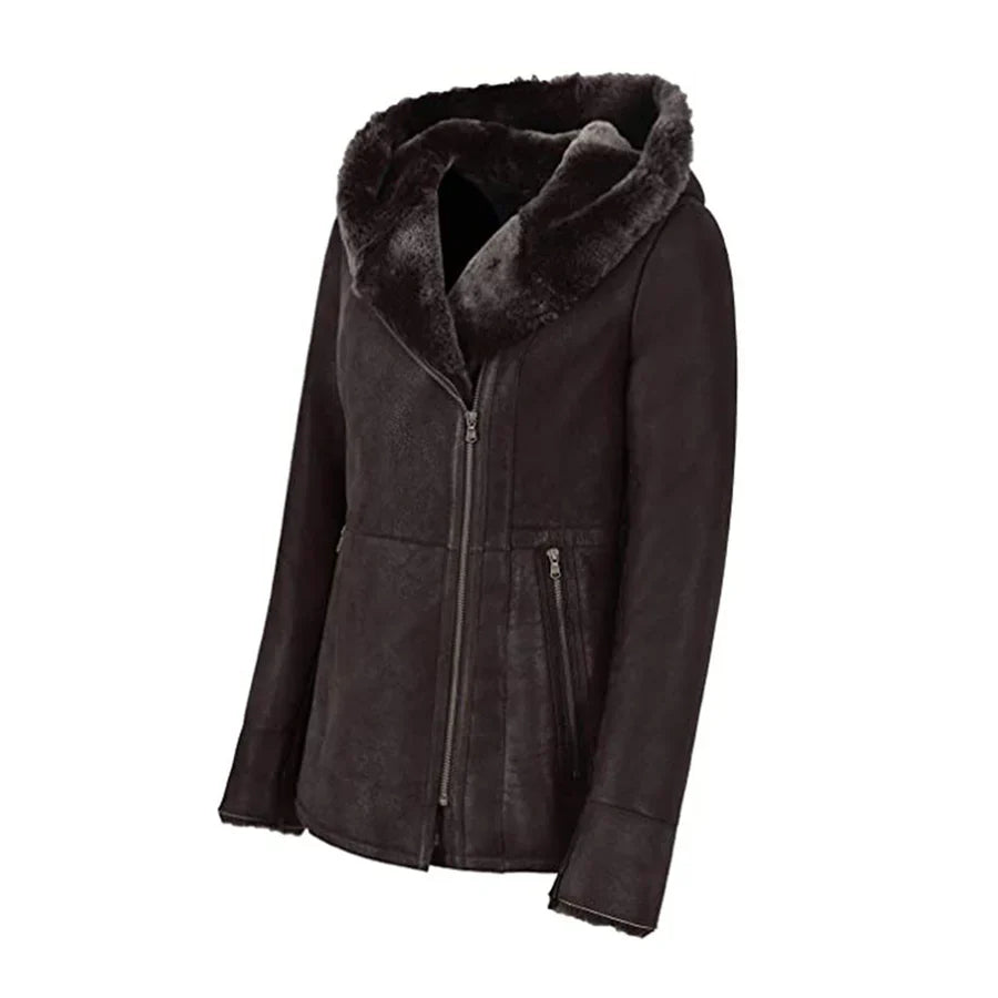 Womens Hooded Fur Shearling Long Jacket