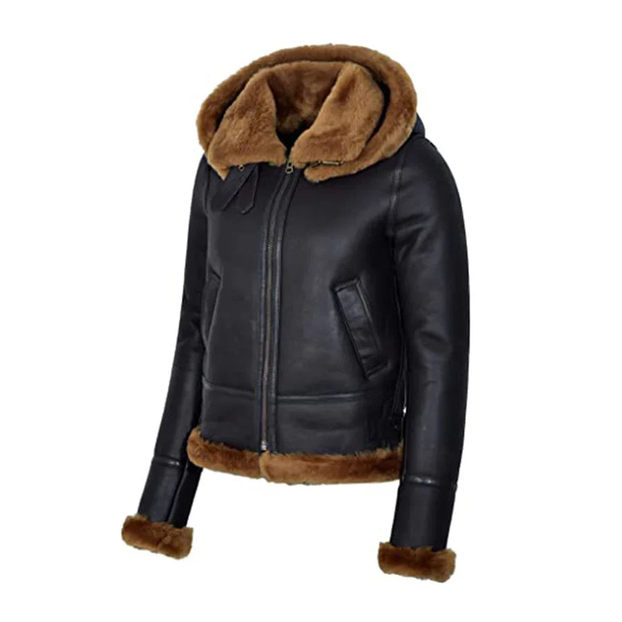 Womens Black Hooded B3 Flying Sheariling Jacket