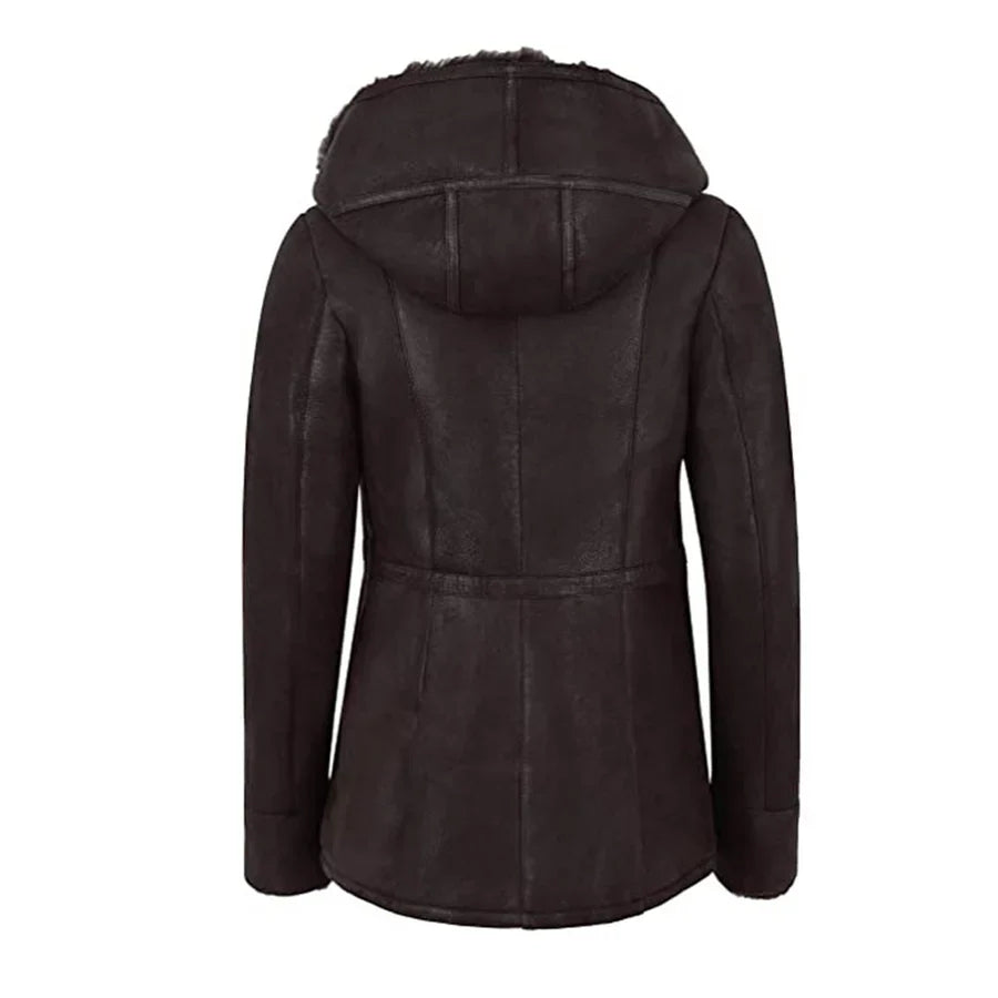 Womens Hooded Fur Shearling Long Jacket