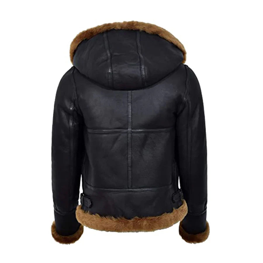 Womens Black Hooded B3 Flying Sheariling Jacket