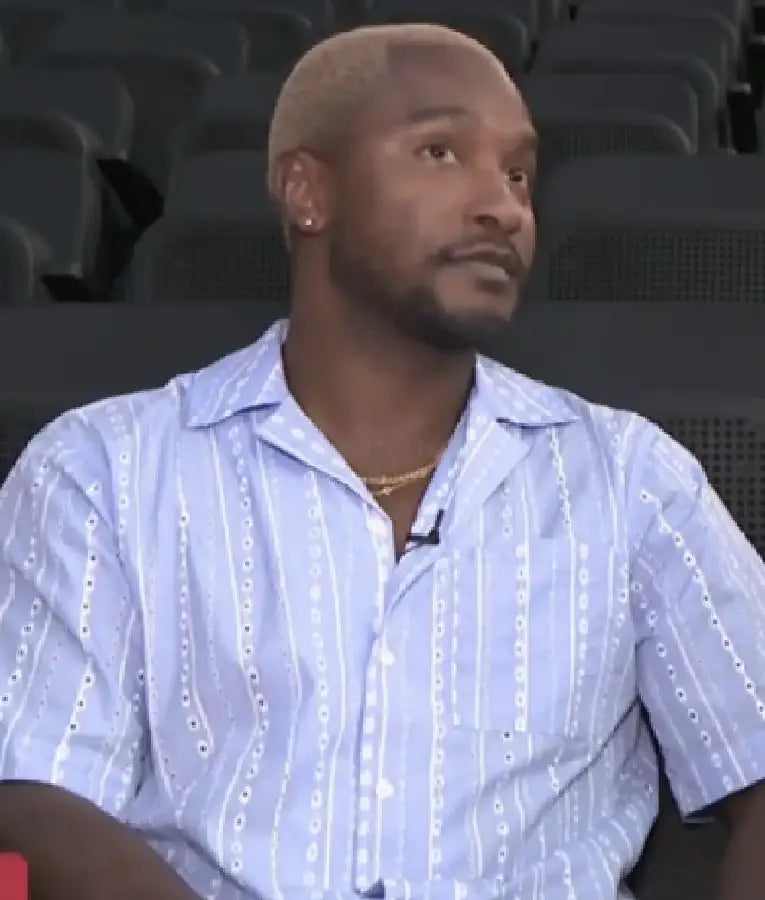 Access Hollywood 2025 Scott Evans Eyelet Stripe Camp Shirt