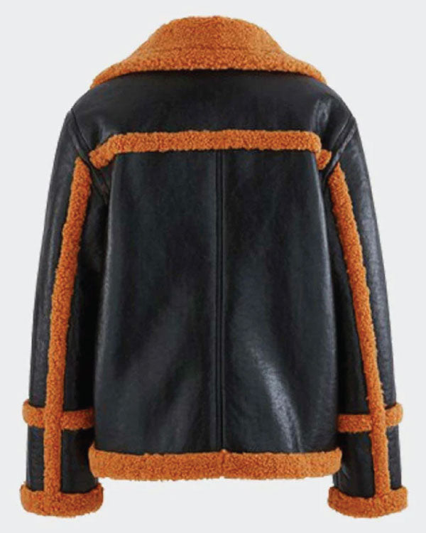 Brown Shearling Sheepskin Leather Black Jacket