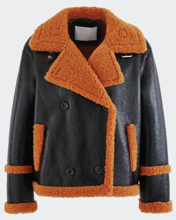 Brown Shearling Sheepskin Leather Black Jacket