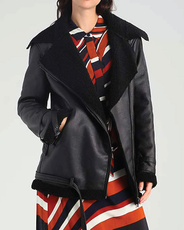 Black Shearling Leather Womens Aviator Jacket