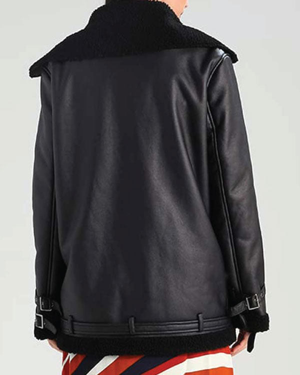 Black Shearling Leather Womens Aviator Jacket