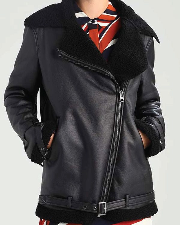 Black Shearling Leather Womens Aviator Jacket