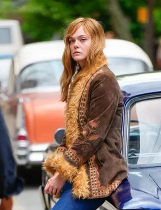 A Complete Unknown 2024 Elle Fanning Brown Fur Jacket