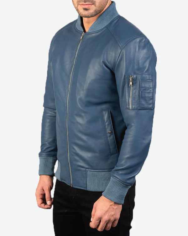 Bomia Ma-1 Blue Leather Bomber Jacket