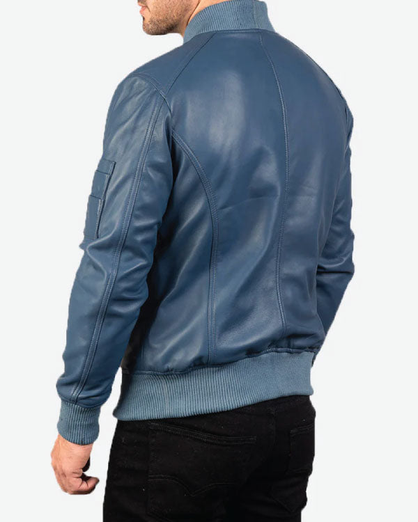 Bomia Ma-1 Blue Leather Bomber Jacket