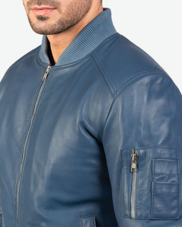 Bomia Ma-1 Blue Leather Bomber Jacket