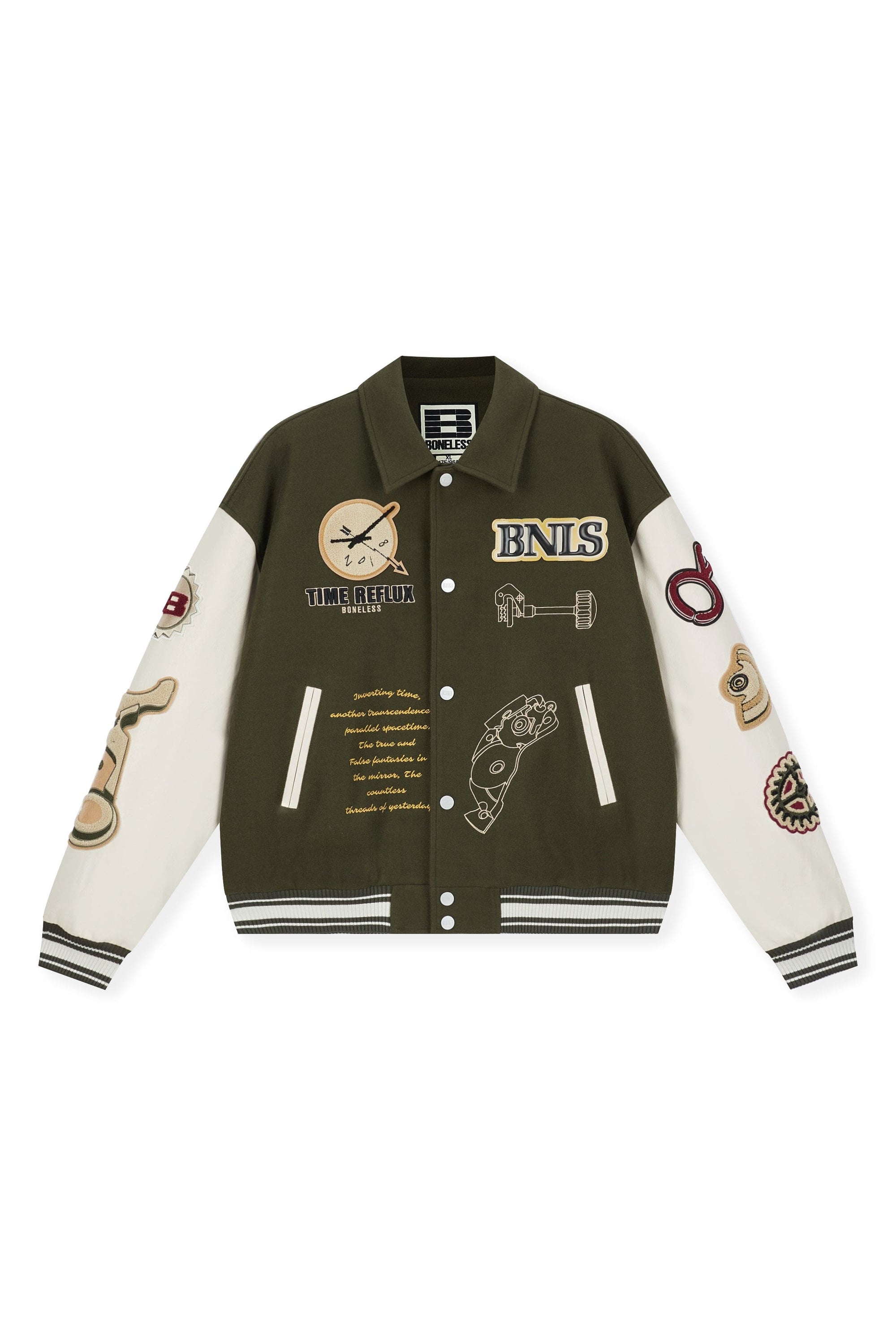 Boneless Embroidered Pattern Faux Leather Varsity Jacket