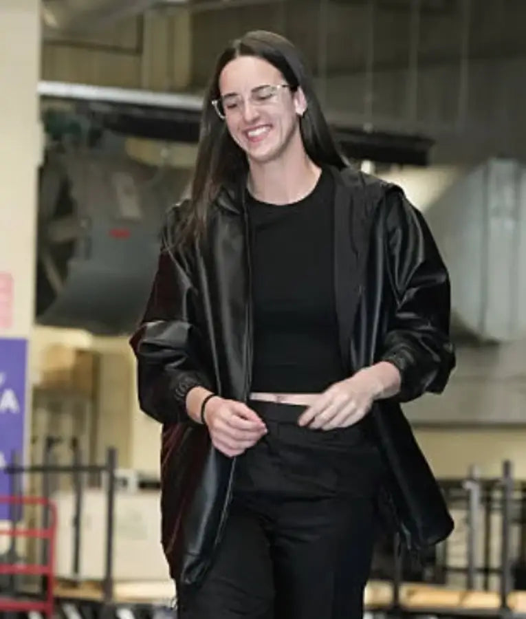 Caitlin Clark 2025 WNBA Playoffs Semifinal Black Leather Jacket