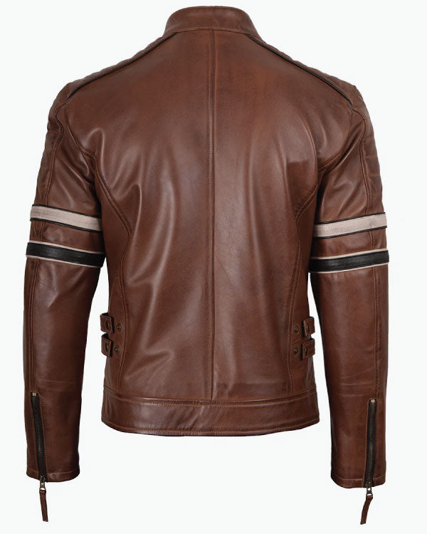Cognac Brown Leather Racer Jacket with Off White & Black Stripes