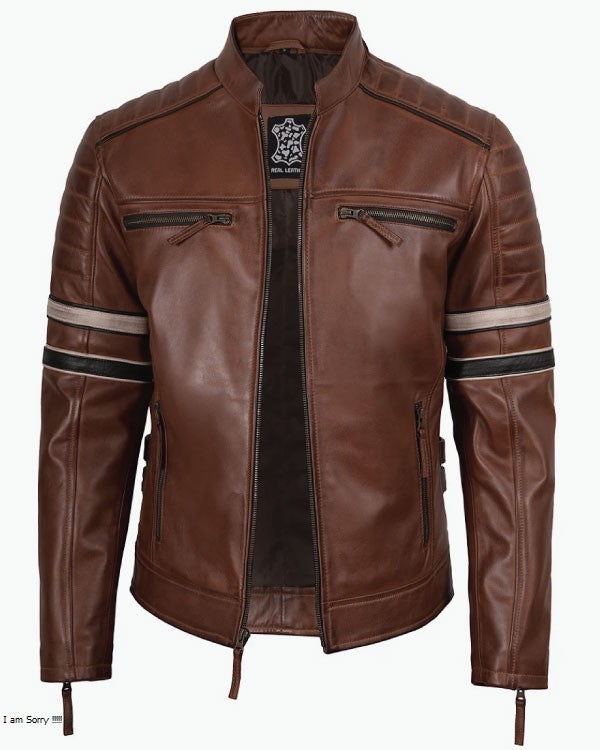 Cognac Brown Leather Racer Jacket with Off White & Black Stripes