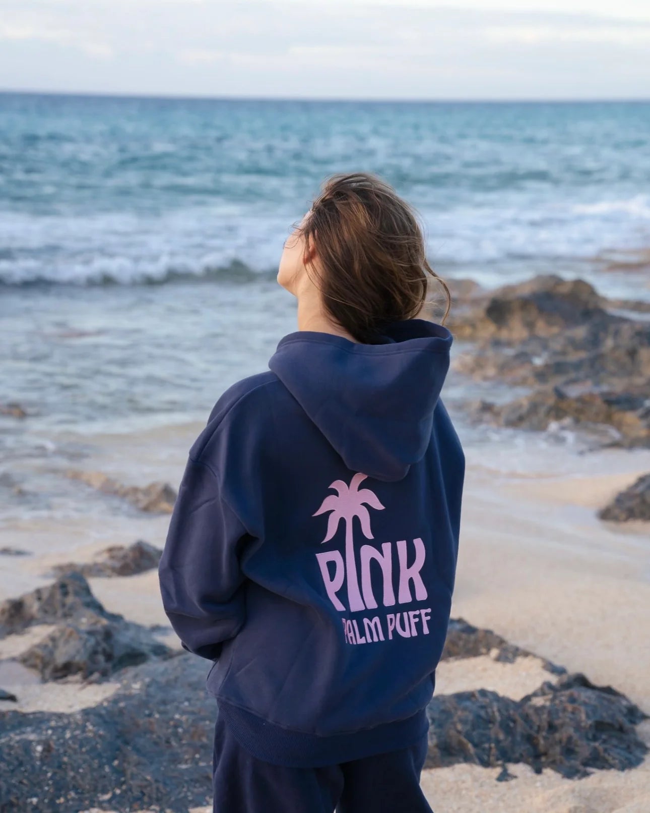 Pink Palm Classic Puff Hoodie in Navy