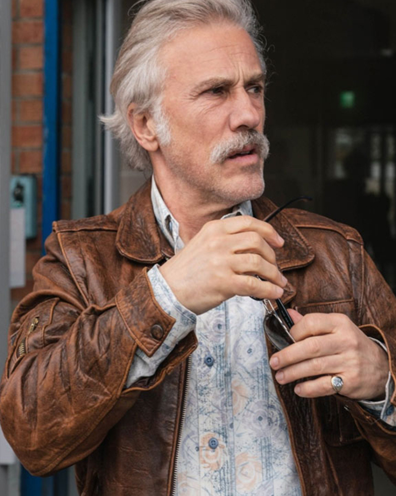 Old Guy 2025 Christoph Waltz Brown Leather Jacket