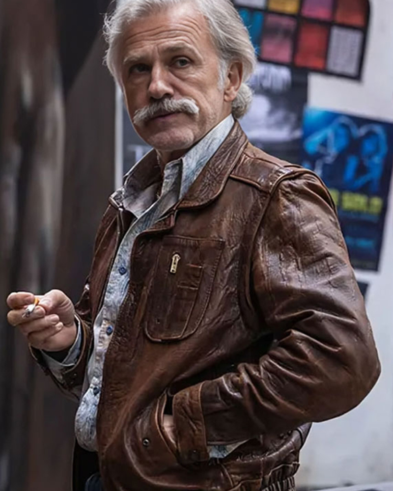 Old Guy 2025 Christoph Waltz Brown Leather Jacket