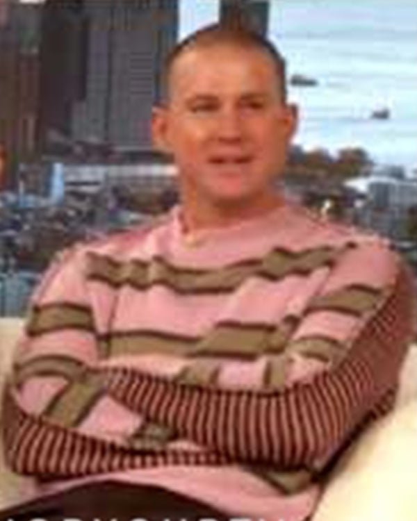 Drew Barrymore Show Channing Tatum Pink Striped Sweater