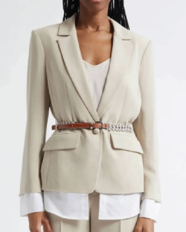 E News 2025 Keltie Knight Khaki Belted Layered Blazer