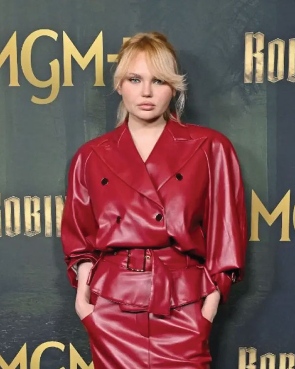 Elena Matei Robin Hood Premiere 2025 Red Leather Jacket