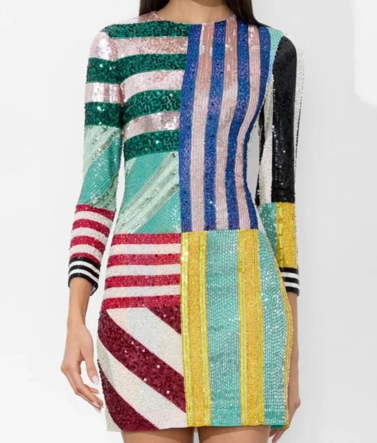 Elsbeth S02 Carrie Preston Striped Patchwork Sequin Long Shirt