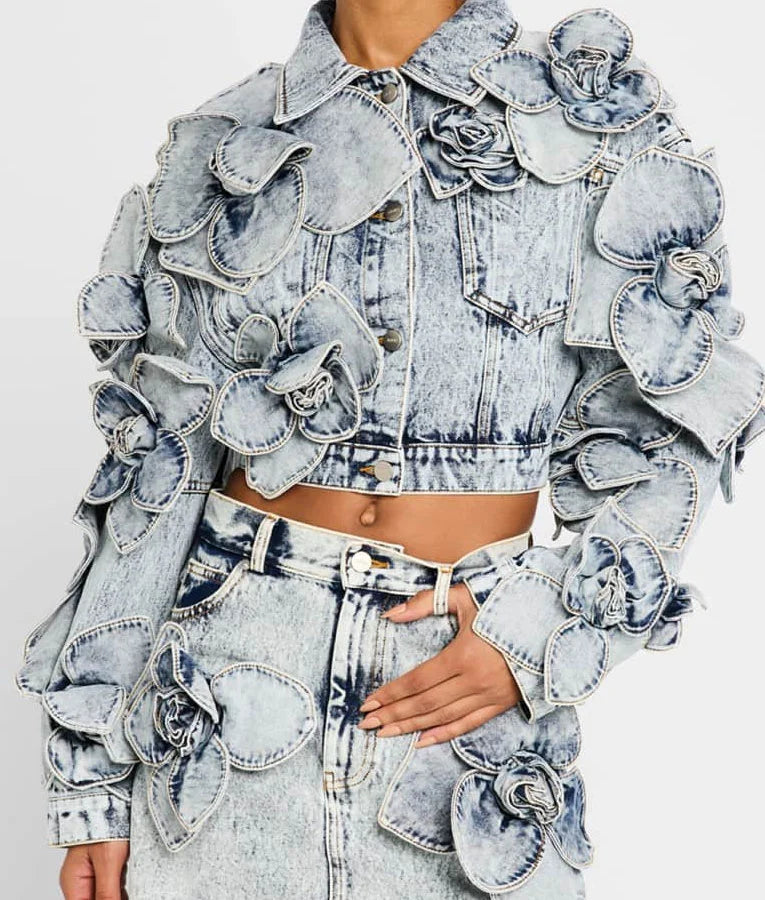 Extra Keltie Knight Floral Cropped Denim Jacket