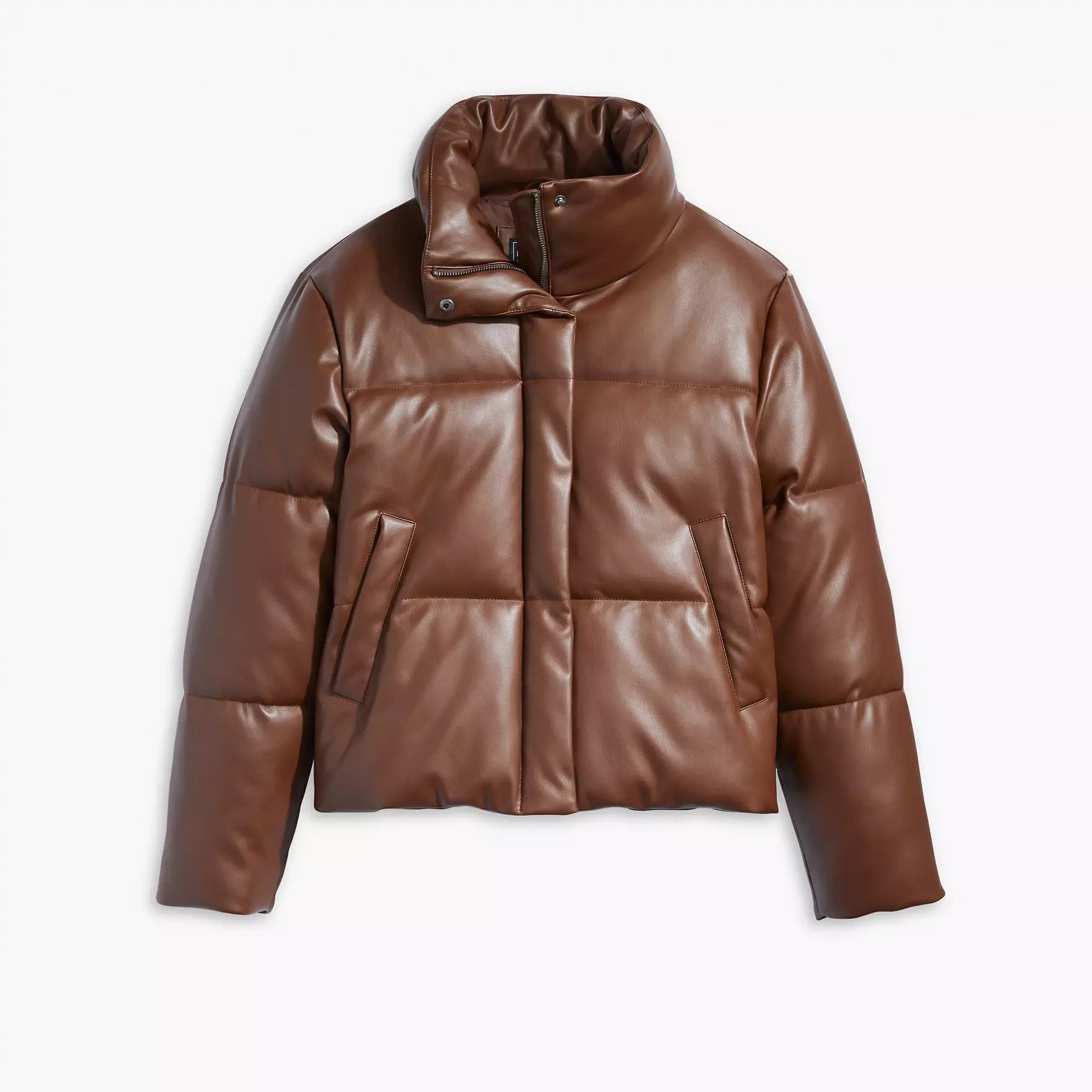 Women Faux Leather Brown Puffer Jacket