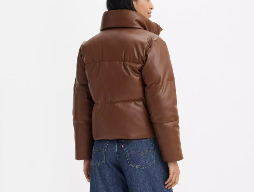 Women Faux Leather Brown Puffer Jacket