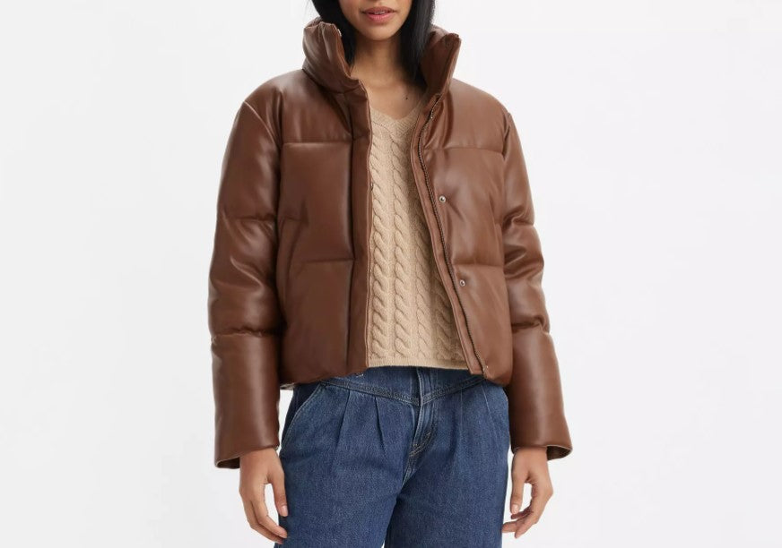 Women Faux Leather Brown Puffer Jacket