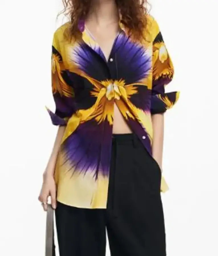 Great British Bake Off S16 Prue Leith Yellow & Purple Print Blouse