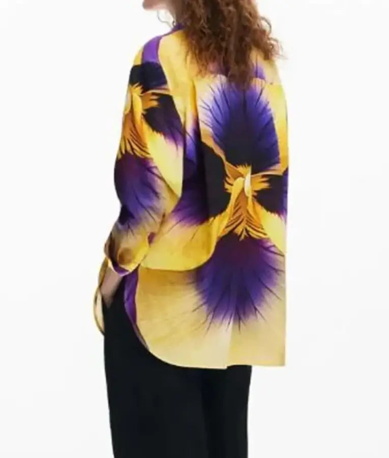 Great British Bake Off S16 Prue Leith Yellow & Purple Print Blouse