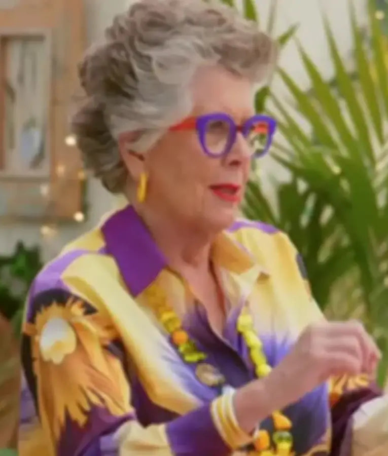 Great British Bake Off S16 Prue Leith Yellow & Purple Print Blouse