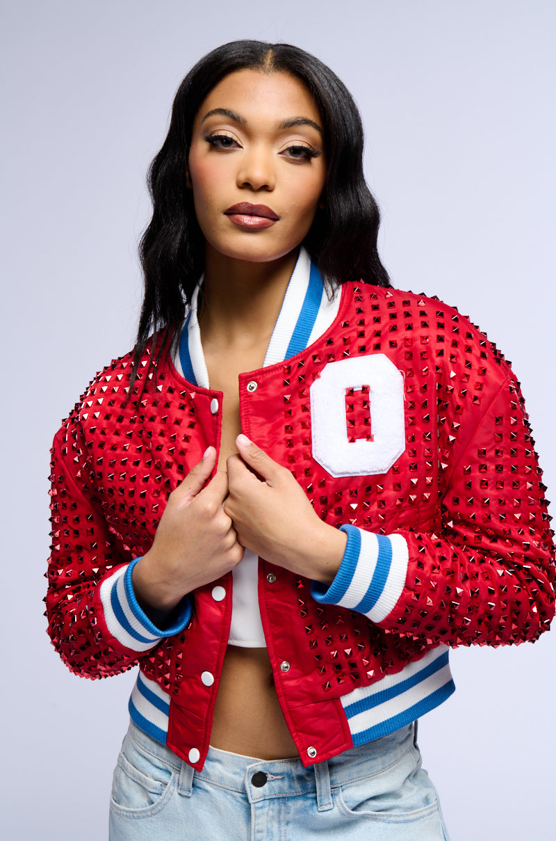 Home Run Crystal Studded Bomber Jacket