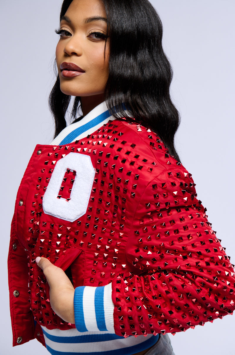 Home Run Crystal Studded Bomber Jacket