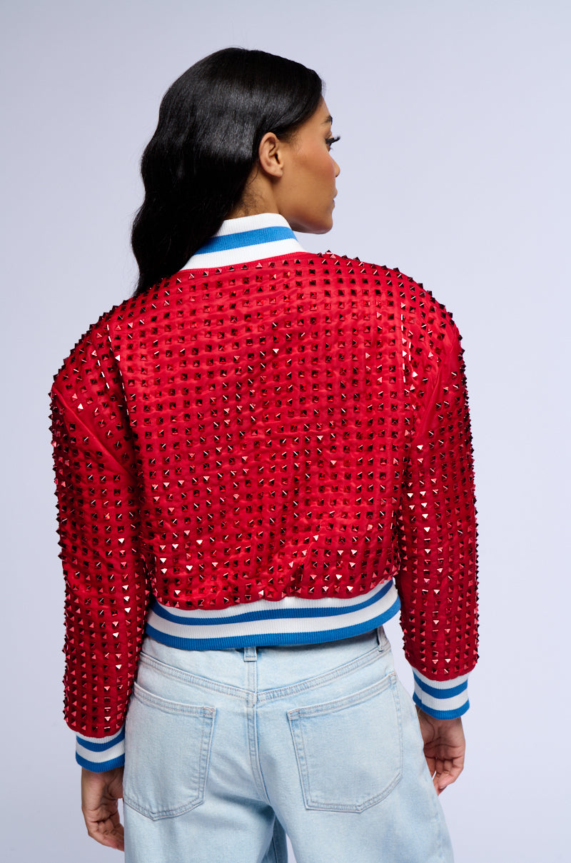Home Run Crystal Studded Bomber Jacket
