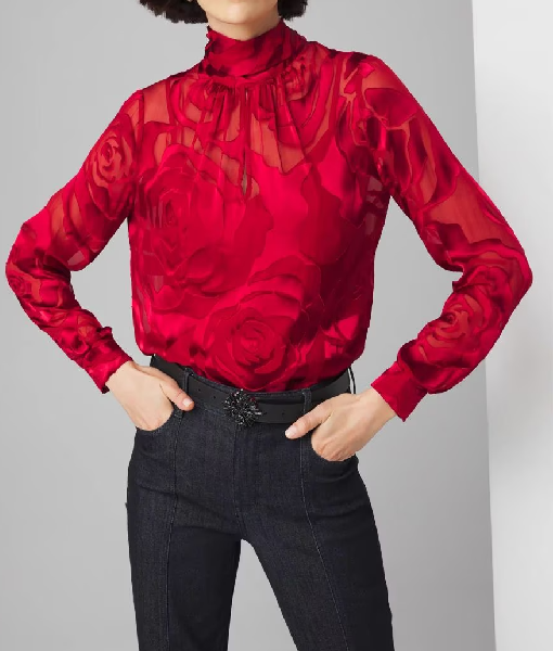 Beyond the Gates 2025 Karla Mosley Rose Print Burnout Tie Neck Blouse