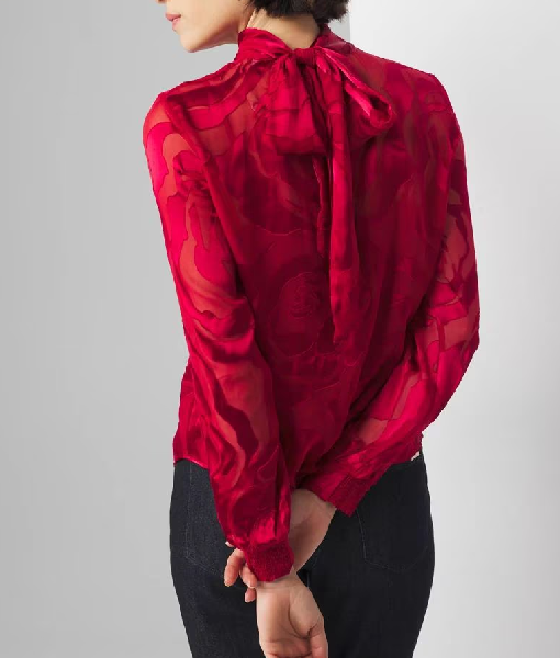 Beyond the Gates 2025 Karla Mosley Rose Print Burnout Tie Neck Blouse