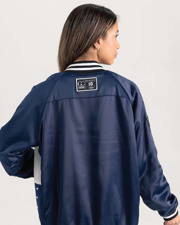 LA Galaxy Gameday Couture Navy Refined Rivalries Rhinestone Raglan Varsity Bomber Jacket