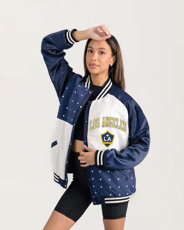 LA Galaxy Gameday Couture Navy Refined Rivalries Rhinestone Raglan Varsity Bomber Jacket