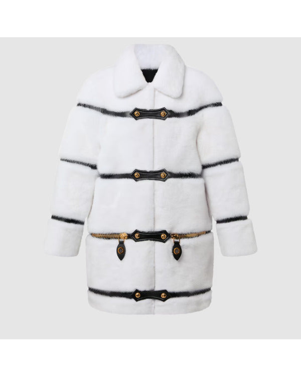Leather Stripes White Mink Fur Coat