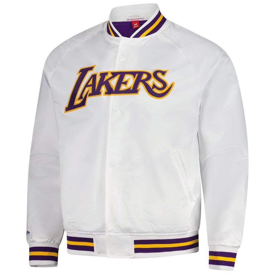 LosAngelesLakersMitchell_NessWhiteHardwoodClassicsThrowbackWordmarkRaglanSatinJackets